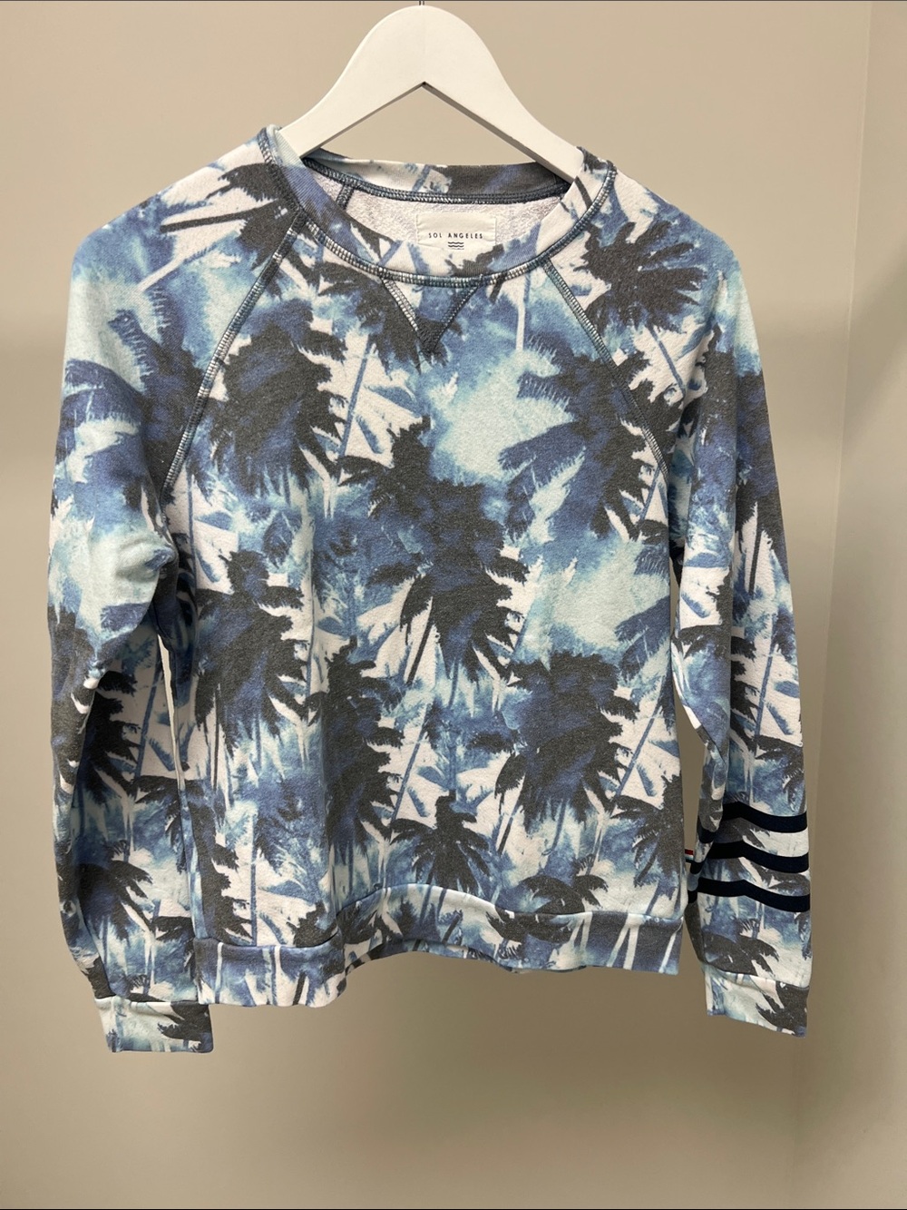 Sol Angeles Blue Palm-Print Scoop Neck Pullover